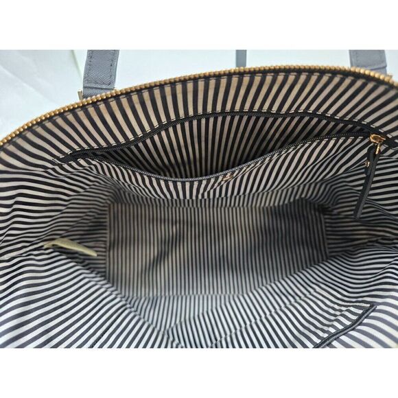 Kate Spade New York Black Leather Tote Bag With Gold Hardware & Striped Interior - Picture 4 of 9